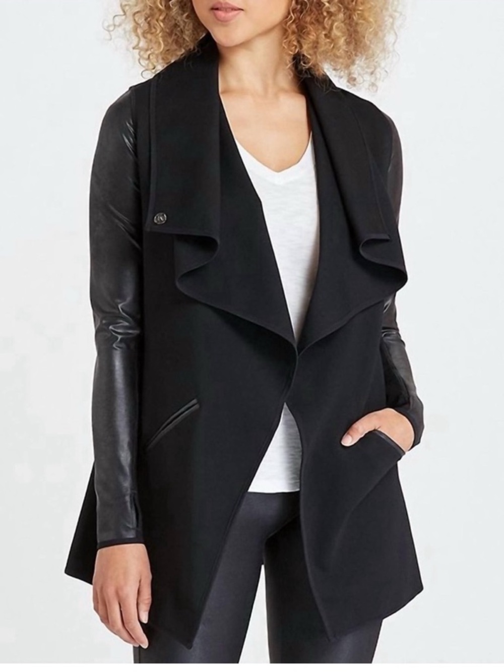 SPANX drape front jacket with leather-look sleeves. X-Small